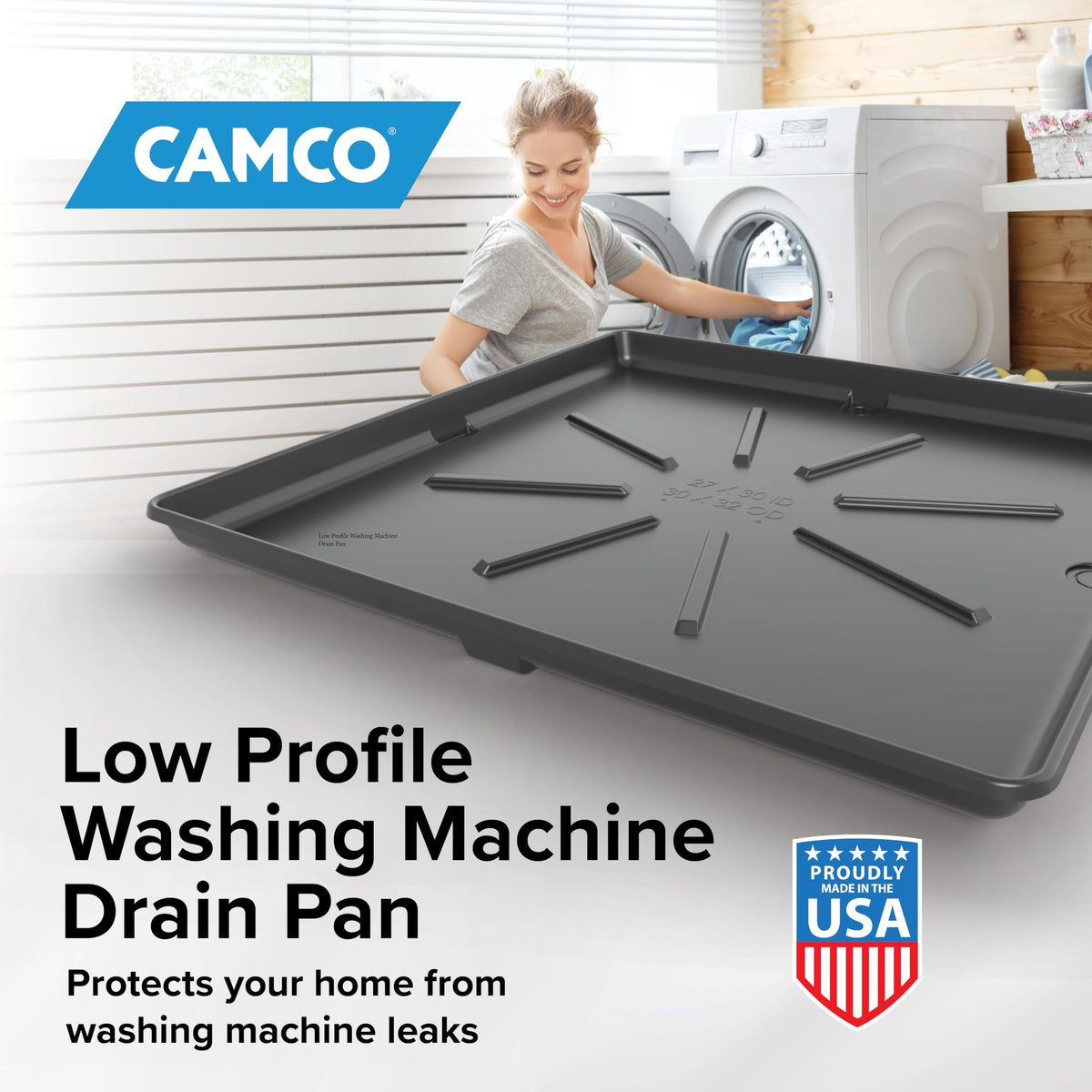 Durable injection-molded Camco drain pan construction in graphite color