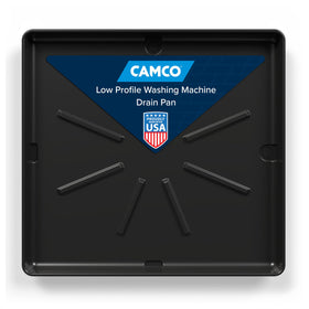 Camco low-profile drain pan under washer showing compact footprint and protection from leaks