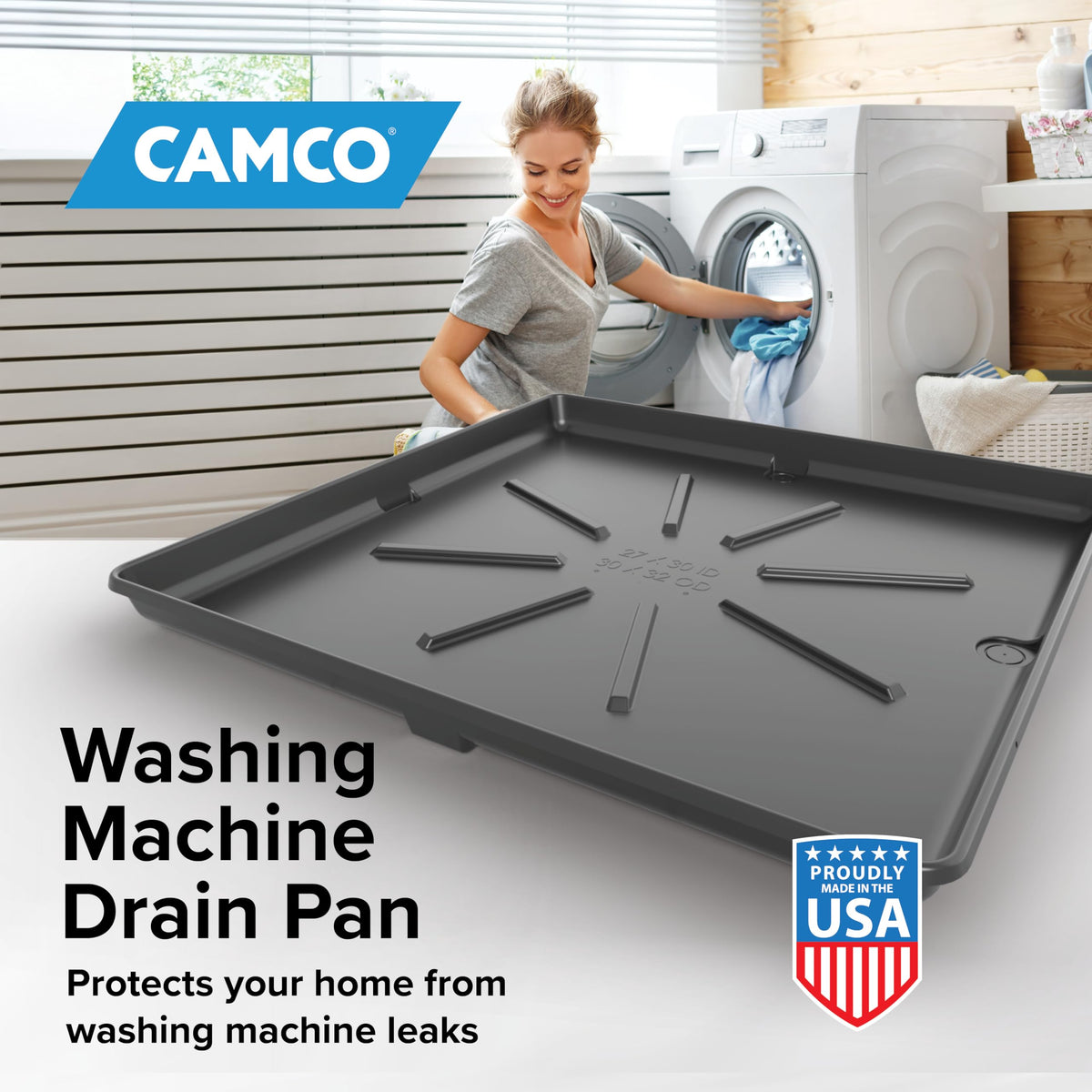 Camco pan installed under washer for quick protection