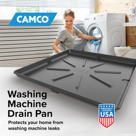 Camco pan installed under washer for quick protection