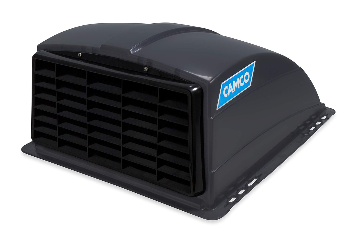 Camco smoke roof vent cover open; enables rain-friendly ventilation.