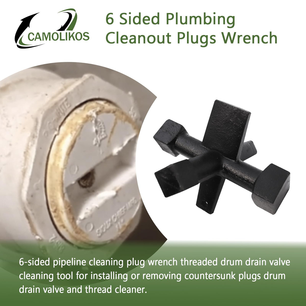 CAMOLIKOS threaded cleanout wrench suits threaded cleanouts for versatile plumbing access.