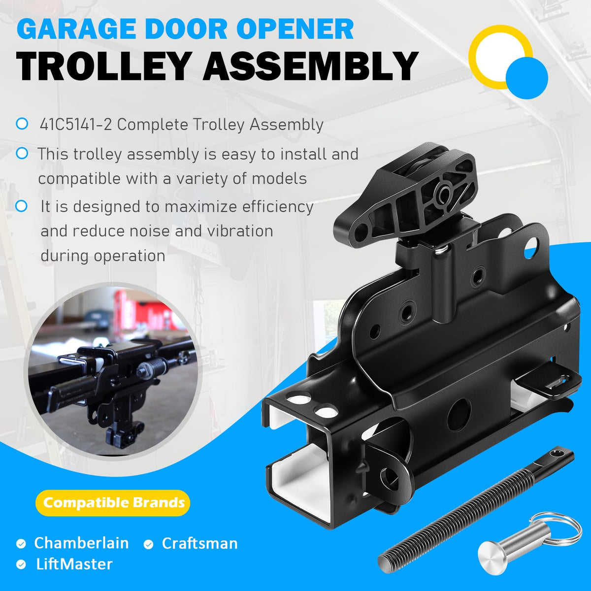 Camoo square rail compatible trolley boosts reliable garage door performance.
