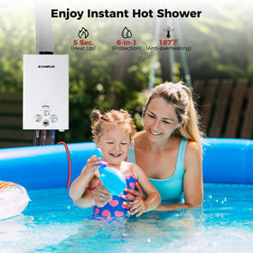 Camplux 2.64 GPM instant hot water flows on demand when taps open