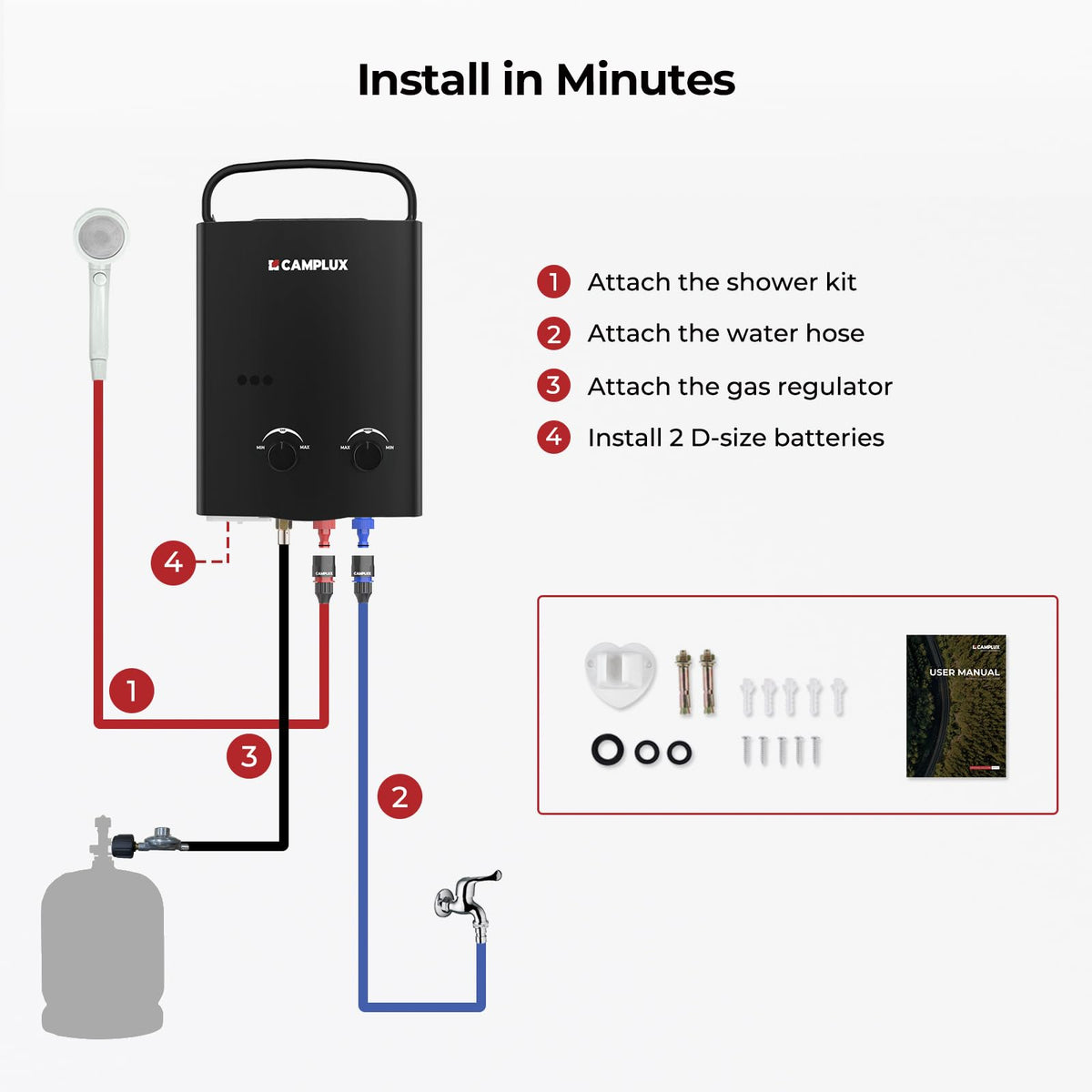 CAMPLUX AY132B battery-powered operation with two D-size batteries for off-grid use.