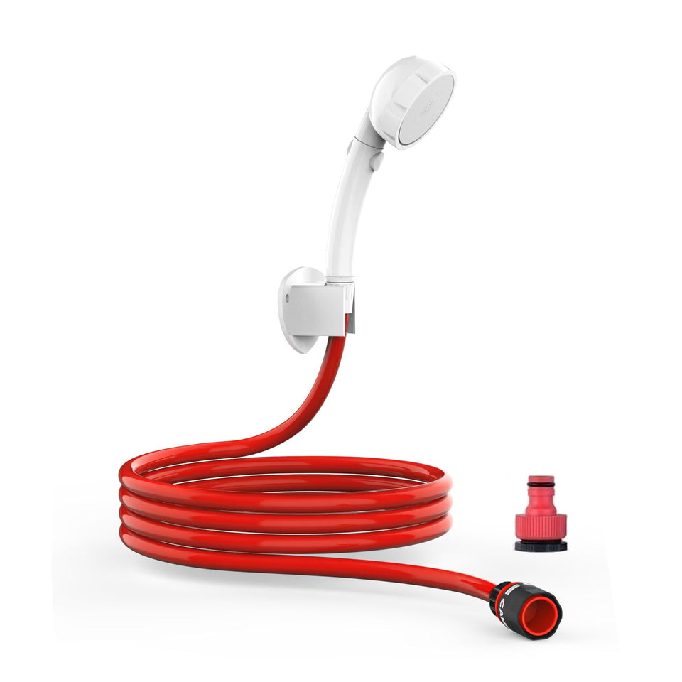CAMPLUX hand held showerhead with 5 ft hose for flexible outdoor shower use.