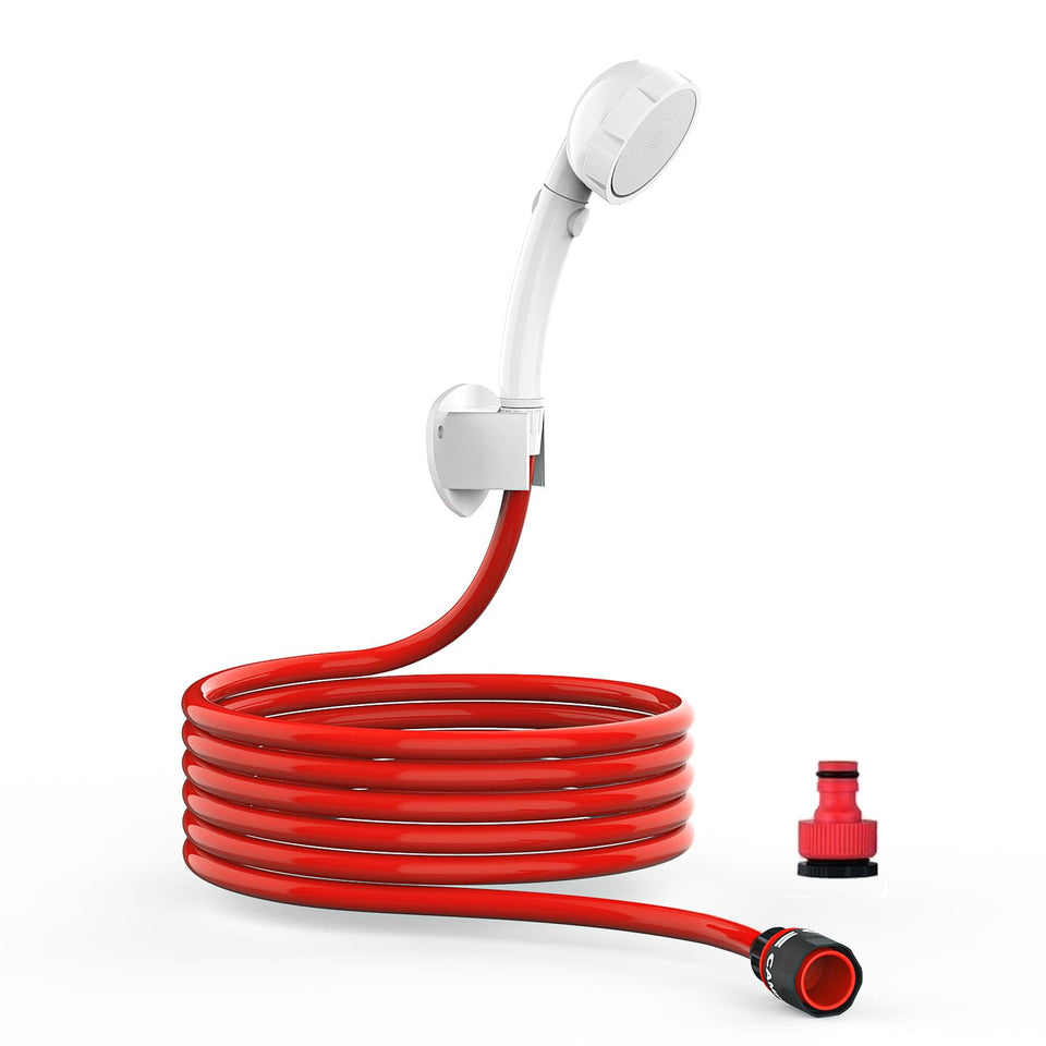 Camplux hand held showerhead with hose for convenient outdoor rinsing and quick showers.