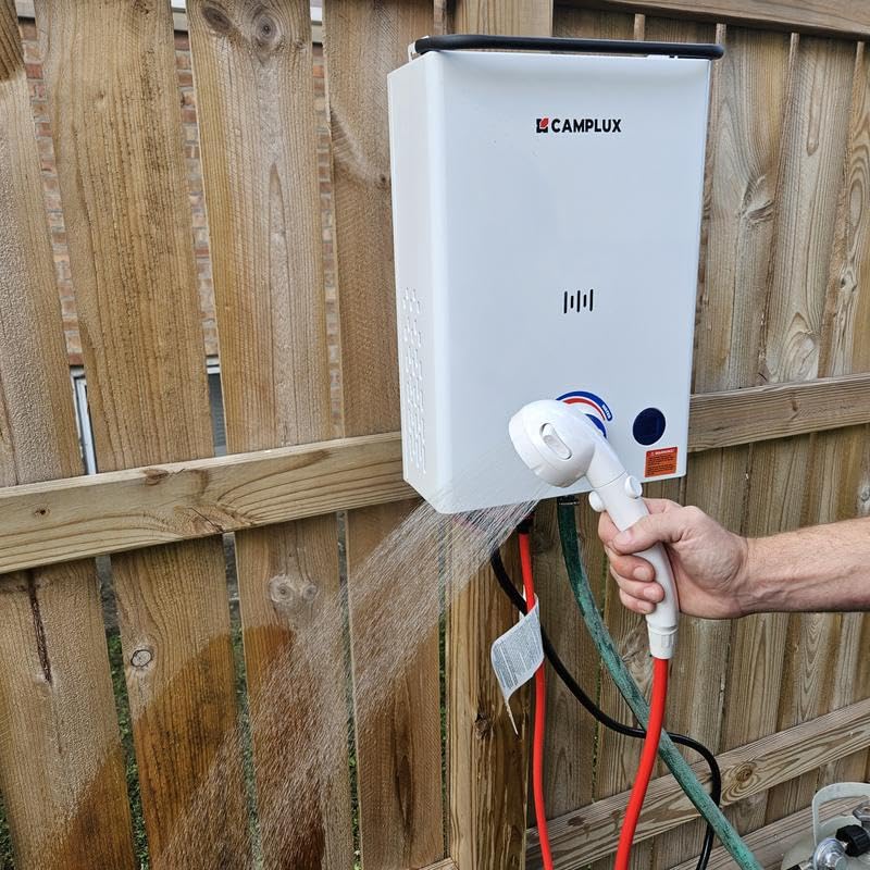 On/off switch on CAMPLUX showerhead for controlled outdoor water use.