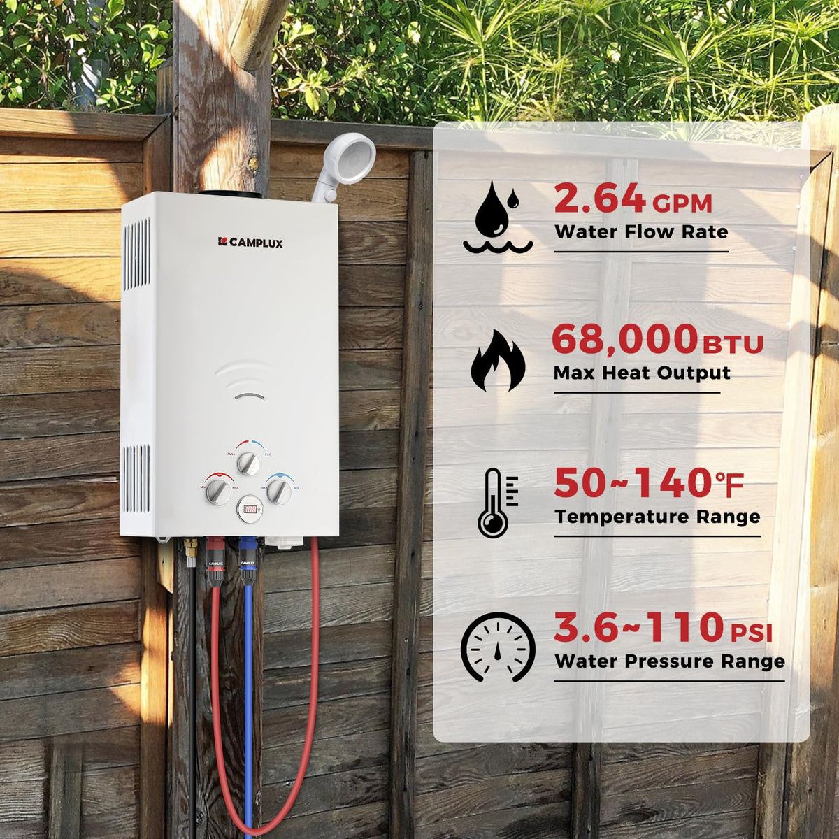 Camplux outdoor heater delivers 68,000 BTU for quick warm water outdoors