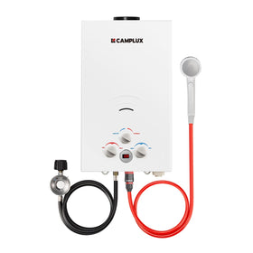 Camplux water heater with digital display shows precise temperature control outdoors