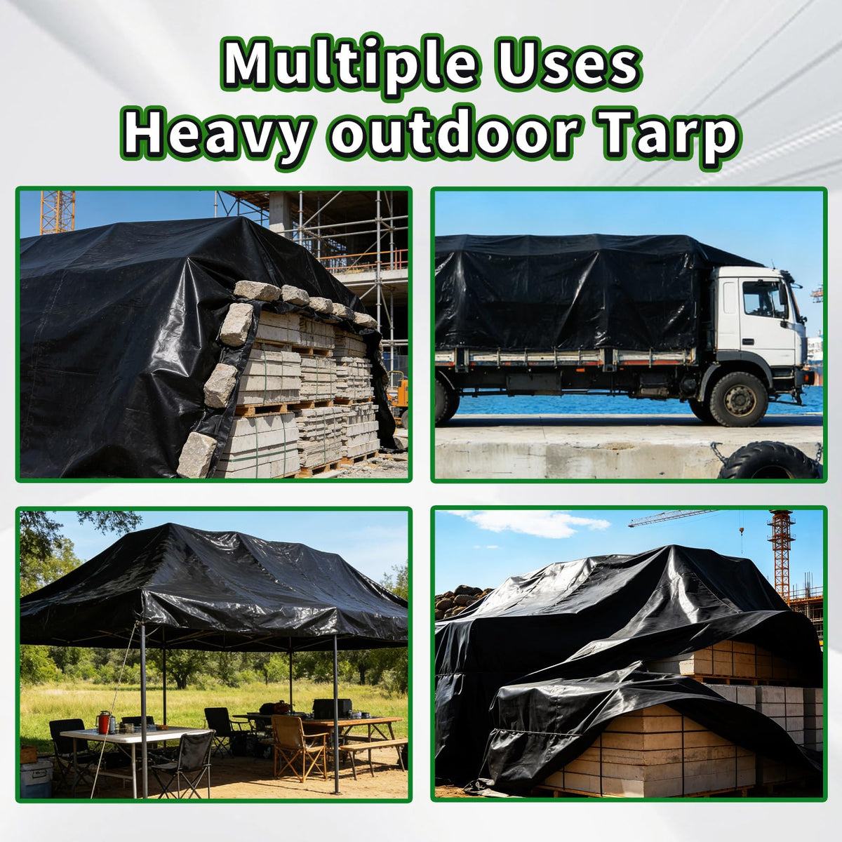 All-weather CAMPMAC tarp guards outdoor furniture and vehicles.