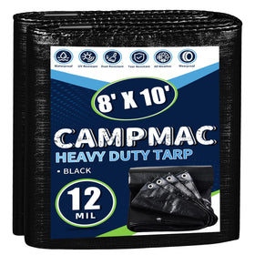 CAMPMAC black tarp laid out for outdoor ground cover and shelter.