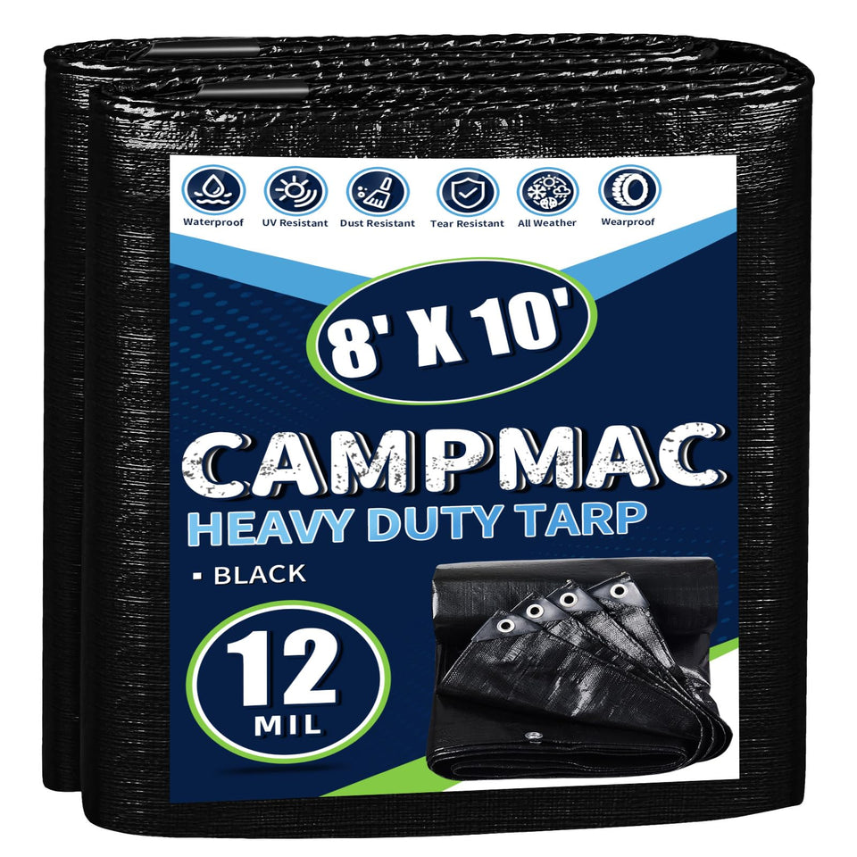 CAMPMAC black tarp laid out for outdoor ground cover and shelter.