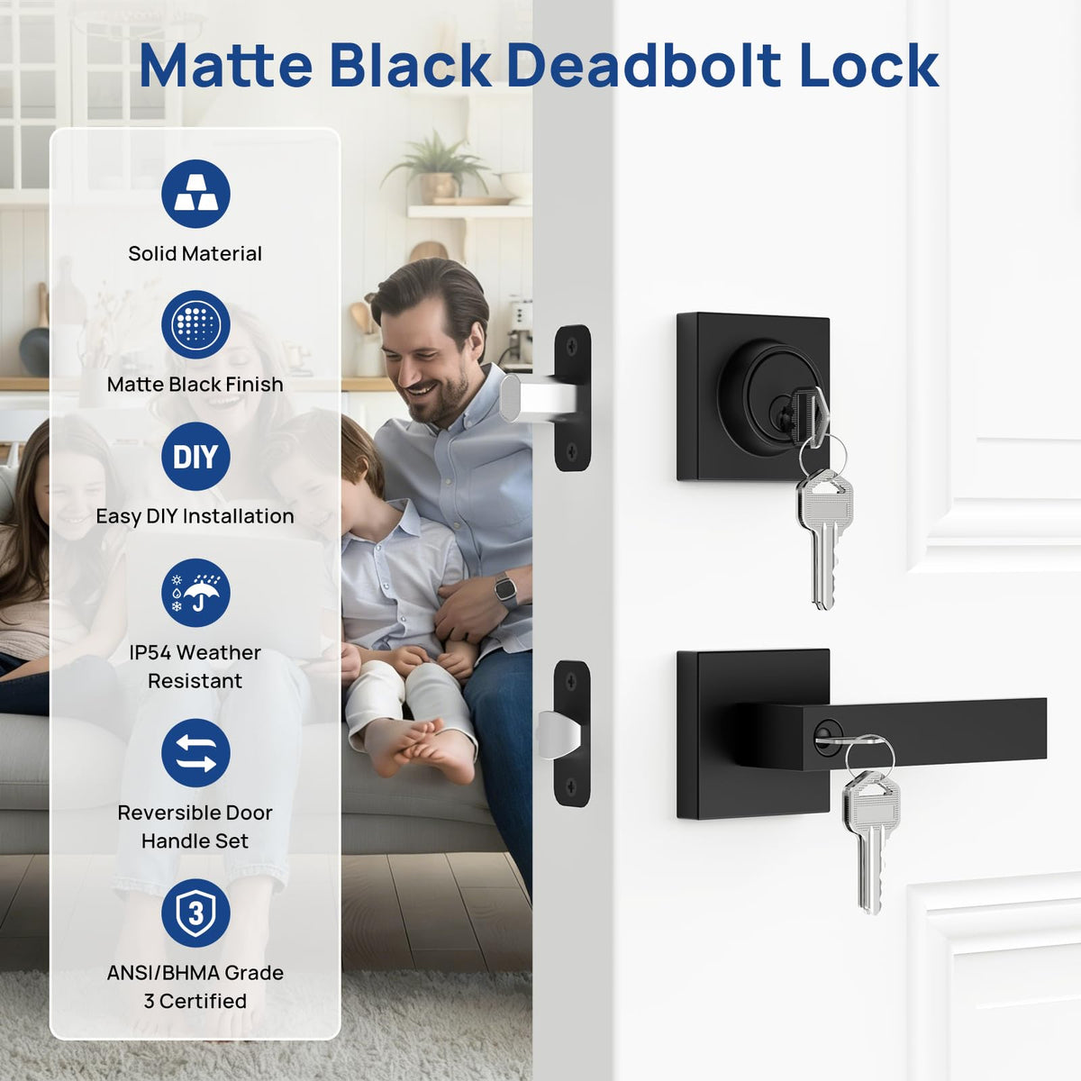 Camtek matte black door handle with lock and key for convenient daily use