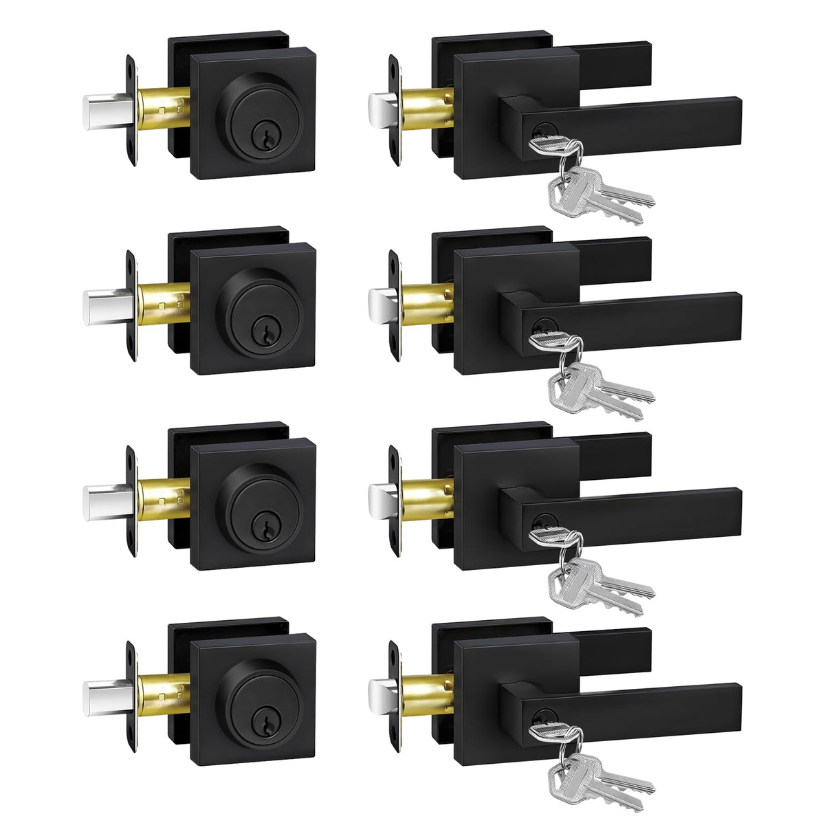 Camtek matte black front door lock set with four keyed-alike handles and deadbolts for cohesive entry control