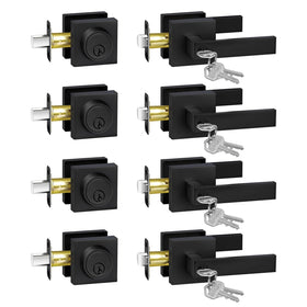 Camtek matte black front door lock set with four keyed-alike handles and deadbolts for cohesive entry control
