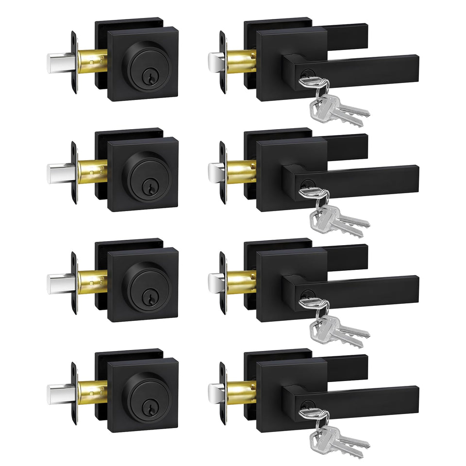 Camtek matte black front door lock set with four keyed-alike handles and deadbolts for cohesive entry control