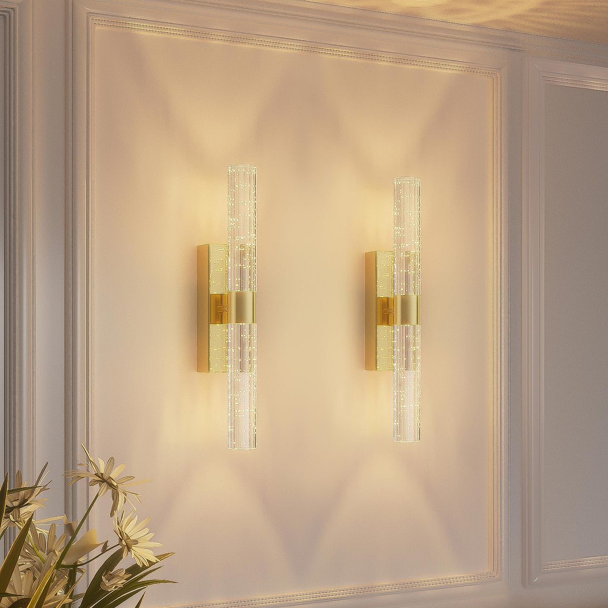 Camuucci battery wall sconce with brass finish and crystal bubble accents creates elegant ambiance.