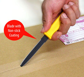 CANARY cardboard cutter non-stick blade reduces tape residue for easier cutting.