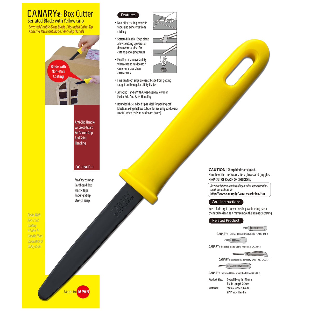 CANARY cutter with 3-inch serrated blade provides controlled cardboard cuts.