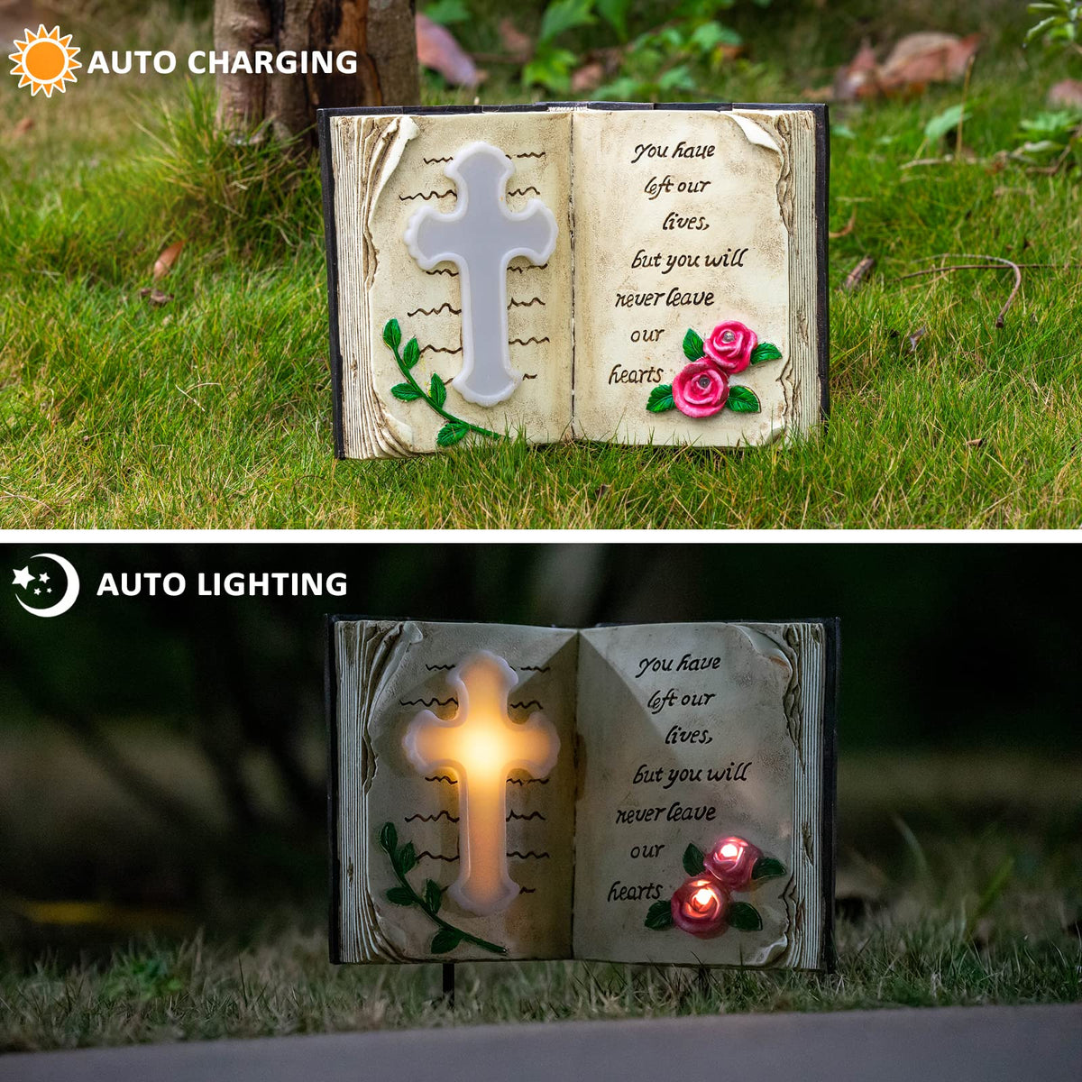 Candieslife cross stake with roses lit at night for peaceful remembrance