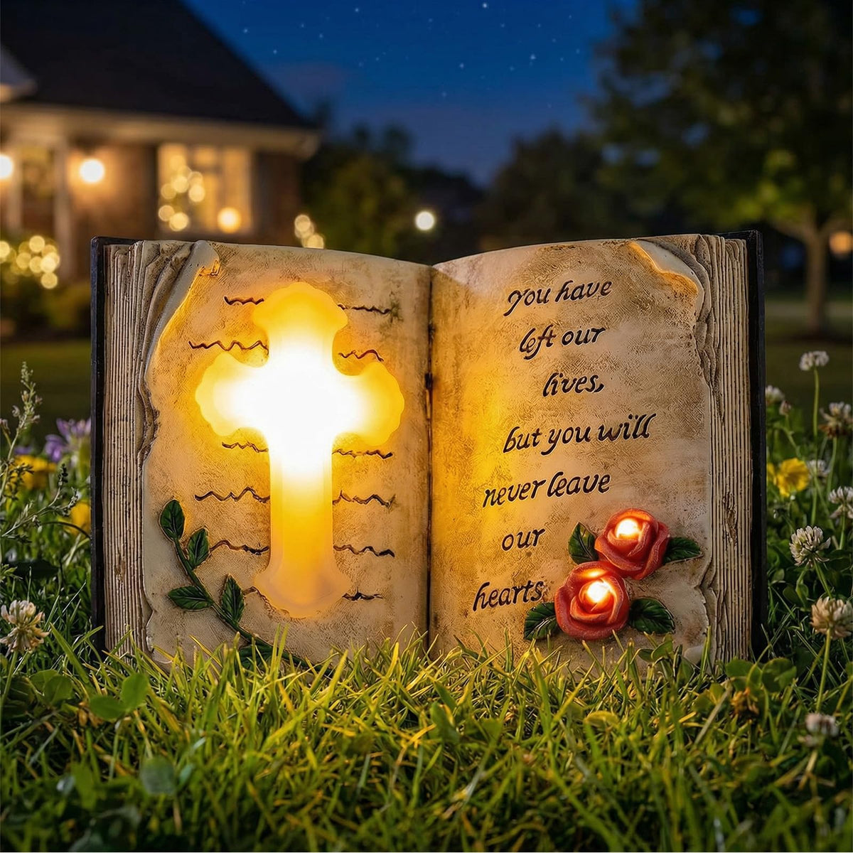 Candieslife outdoor solar memorial cross light glowing on grass at dusk for a serene grave site