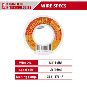 Canfield 60/40 solder packaging box highlights 4 lb pack convenience