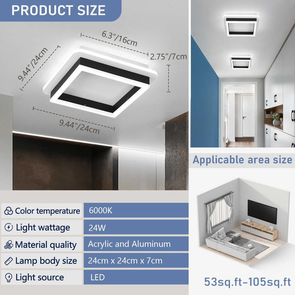 CANEOE square modern LED ceiling light fixture easy installation with included instructions