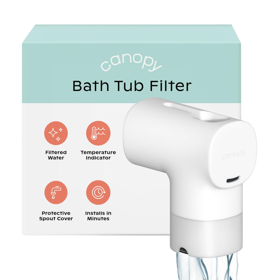 Canopy baby bath tub filter delivering gentler water for delicate skin