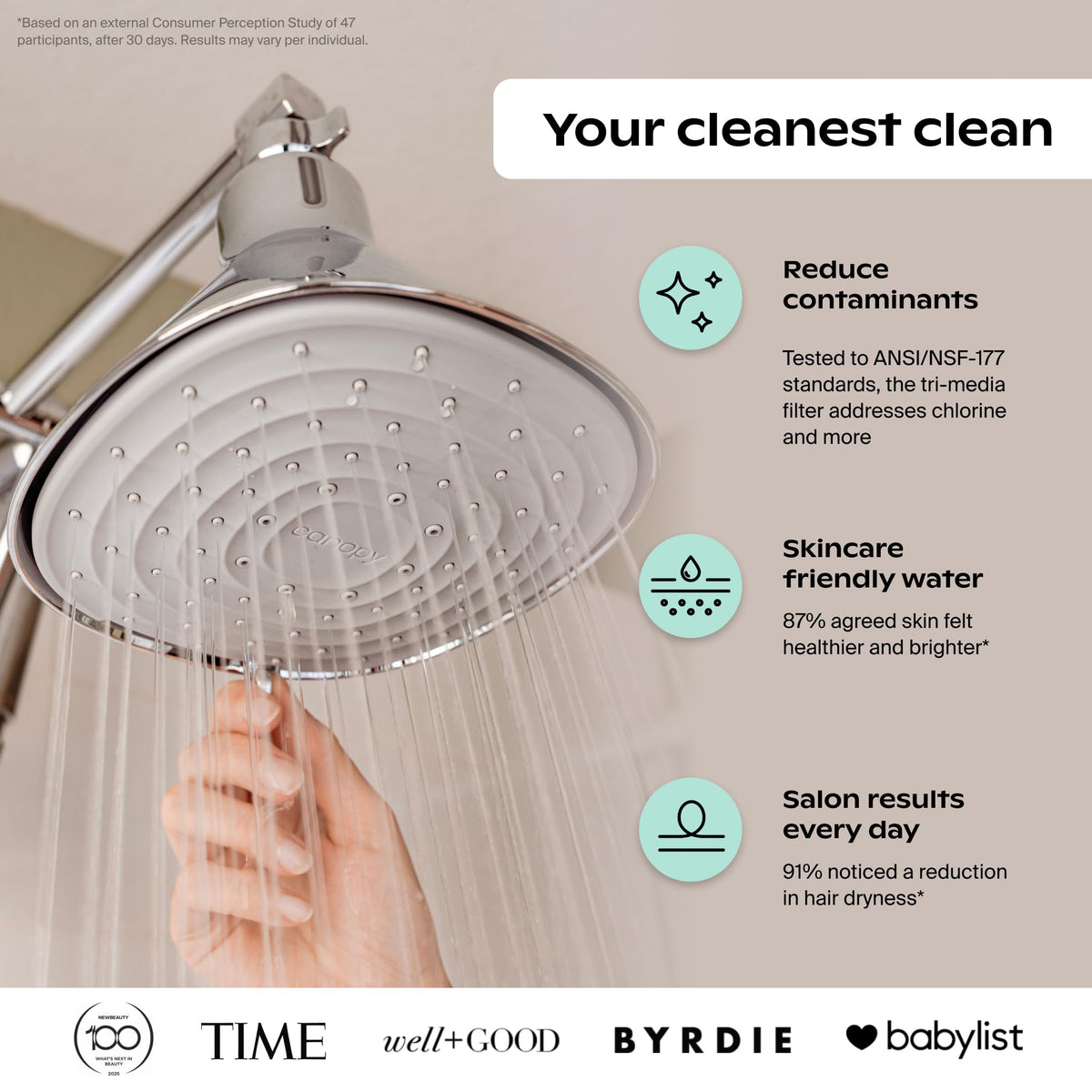 Canopy Filtered Shower Head filter cartridge highlights filtration to reduce impurities.