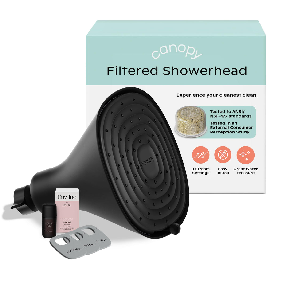 Canopy Filtered Shower Head front view with adjustable spray settings for customized showers.