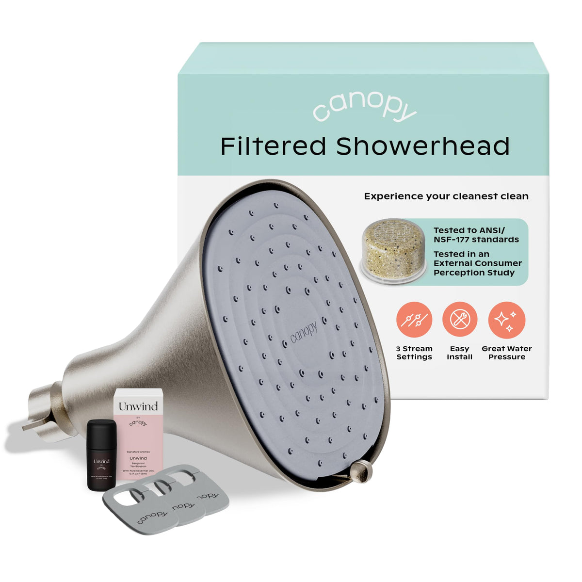 Canopy Filtered Shower Head nickel front view with premium finish