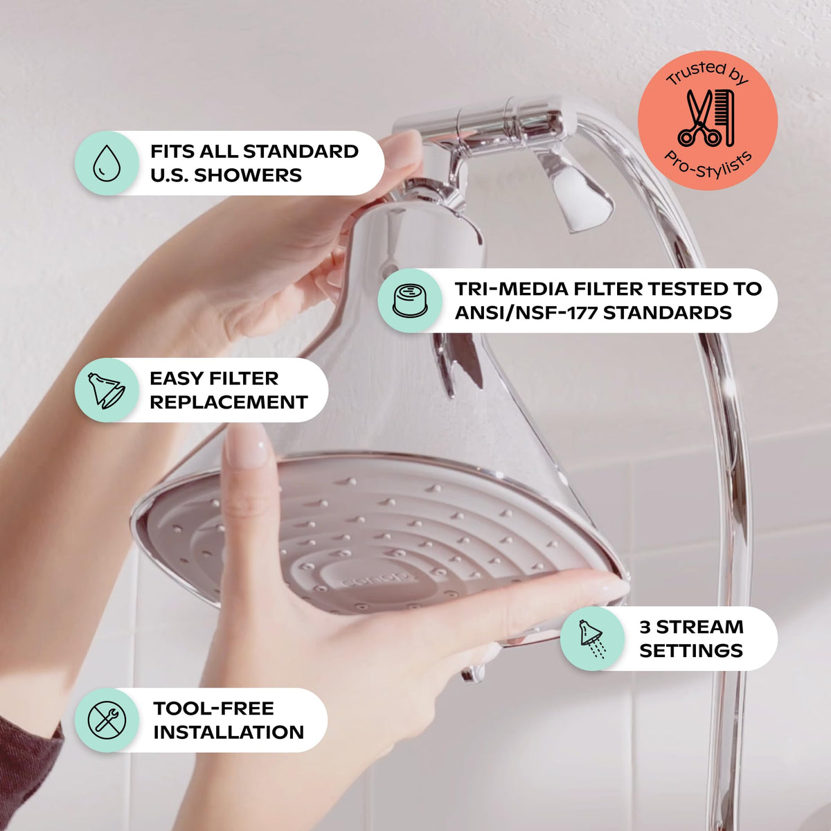 Canopy Filtered Shower Head water flow settings illustrate adjustable pressure for comfort.