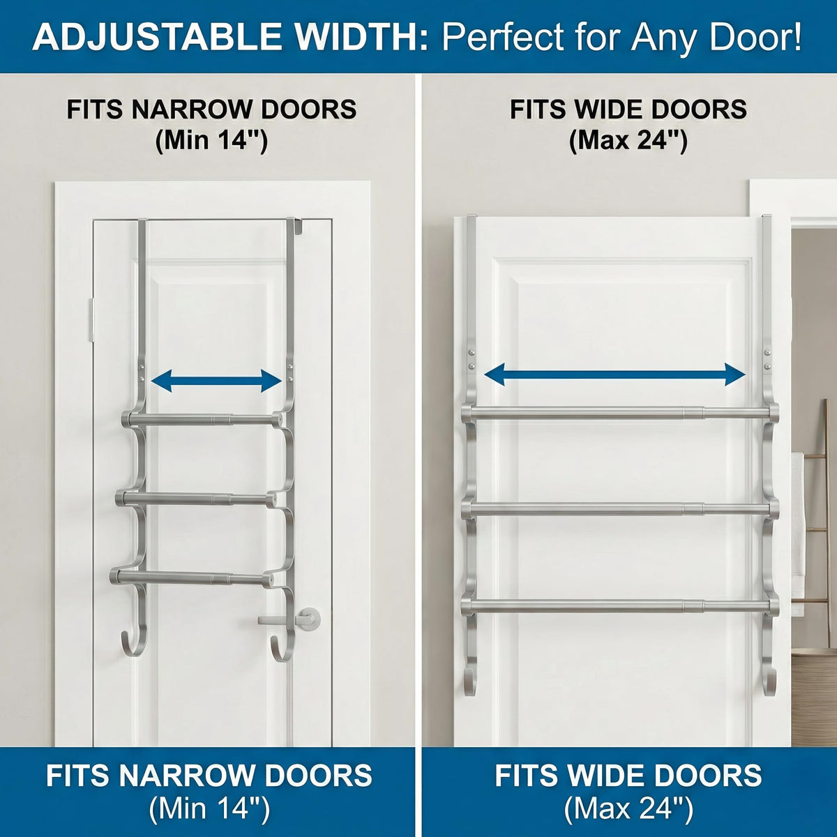CANYAVE extendable bar fits doors up to 1.57 inches thick.