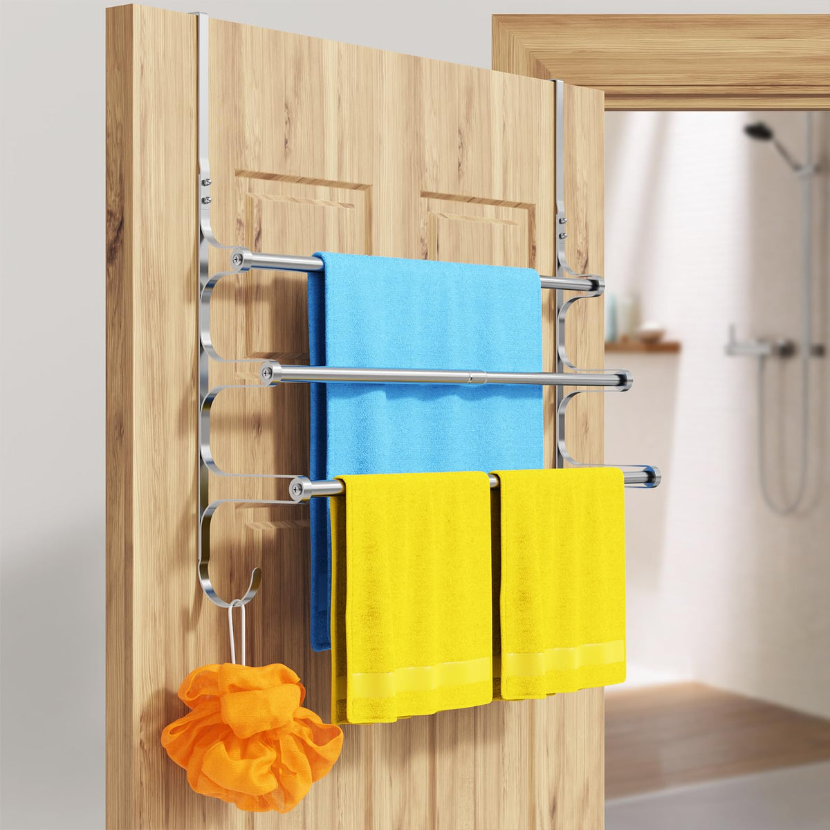 CANYAVE towel rack with extra hooks for added bathroom storage.