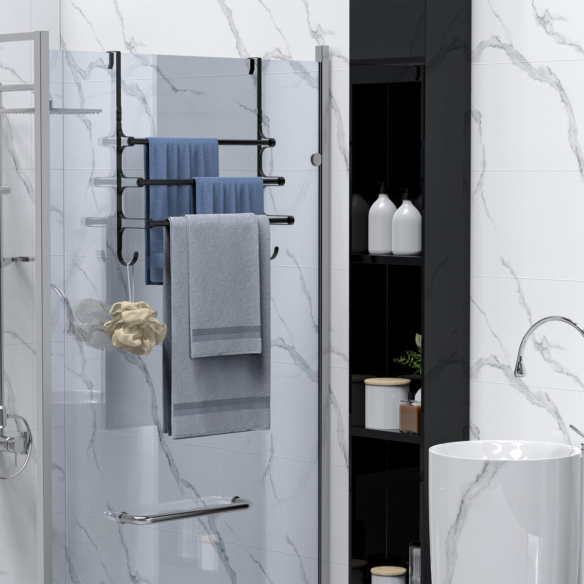 CANYAVE triple towel storage helps keep towels organized and accessible.