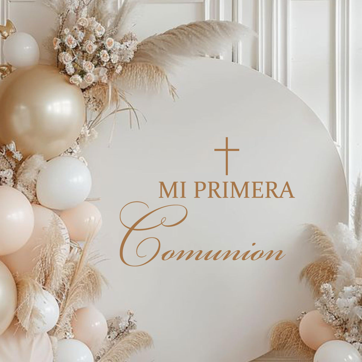 Capiont Caption God Bless Decal: golden baptism arch backdrop for elegant ceremony photos.