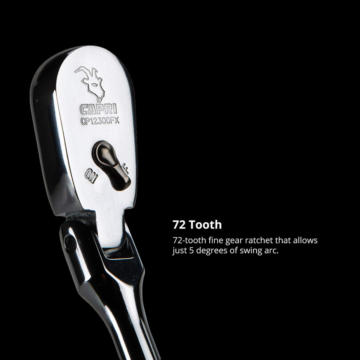 Capri Tools 180-degree flex-head enables easy navigation of awkward angles.