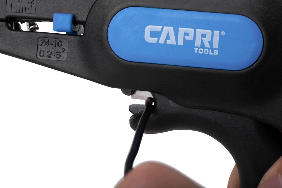 Capri Tools 20011 strips 24-10 AWG and cuts up to 12 AWG.