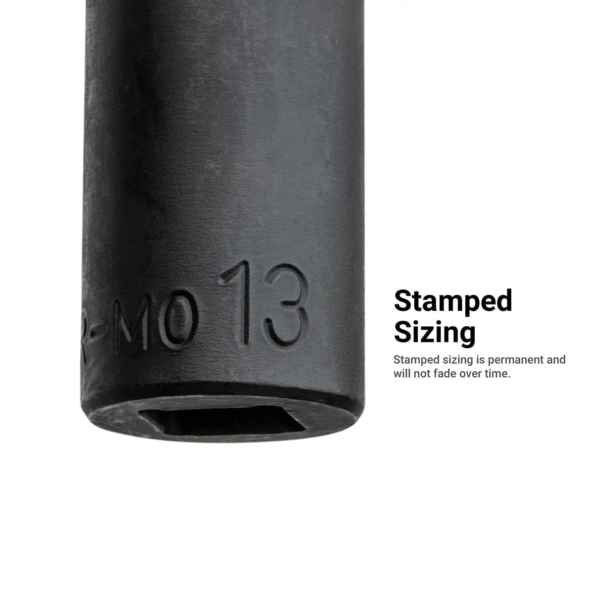 Capri Tools 3/8 drive semi-deep 13mm socket with corrosion-resistant coating.