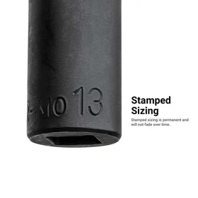 Capri Tools 3/8 drive semi-deep 13mm socket with corrosion-resistant coating.