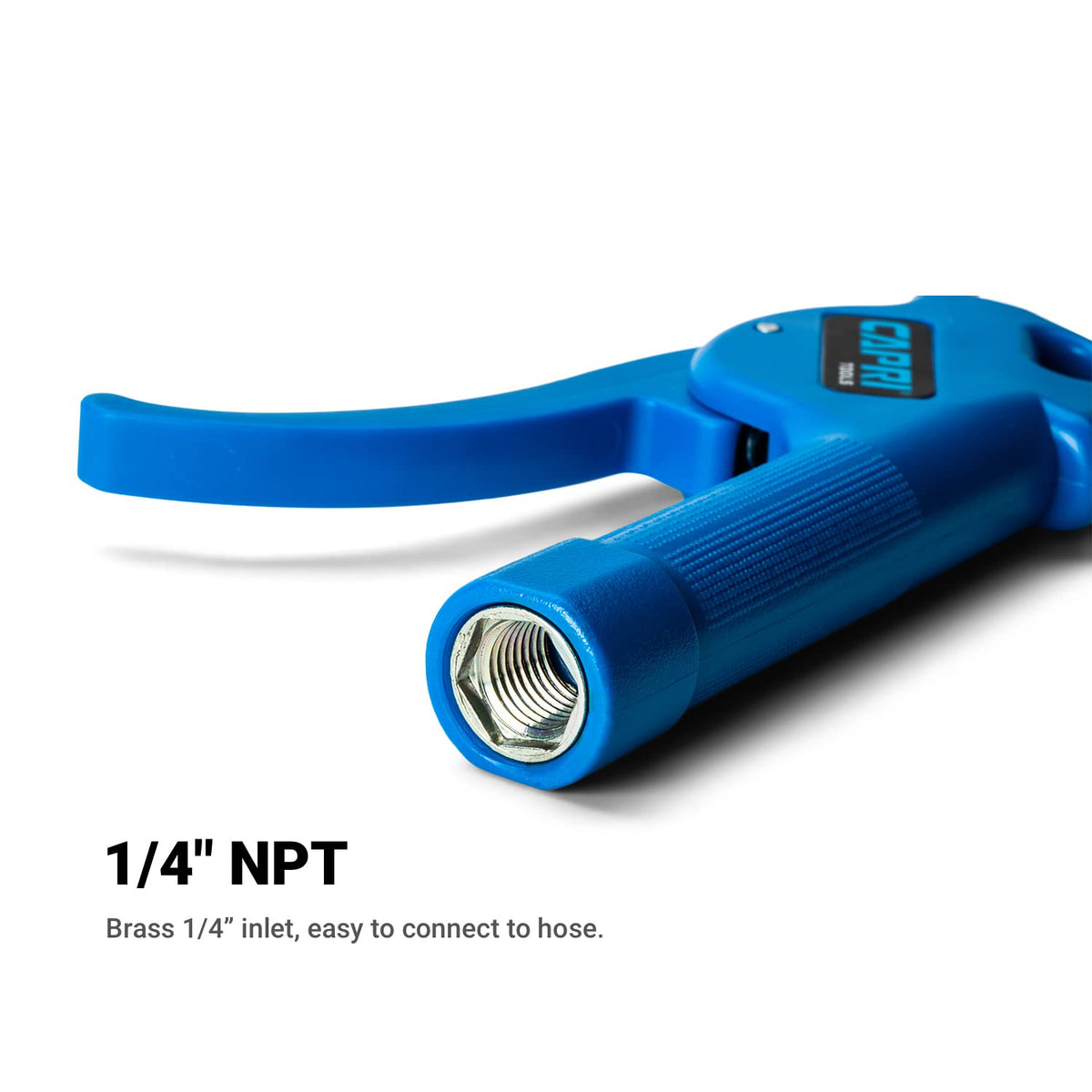 Capri Tools 5 in air blow gun with rubber tip close-up on trigger for control