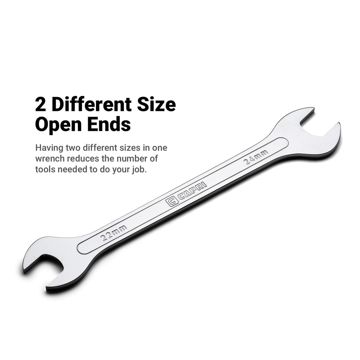Capri Tools chrome-plated wrenches showing durable finish and corrosion resistance under bright light.