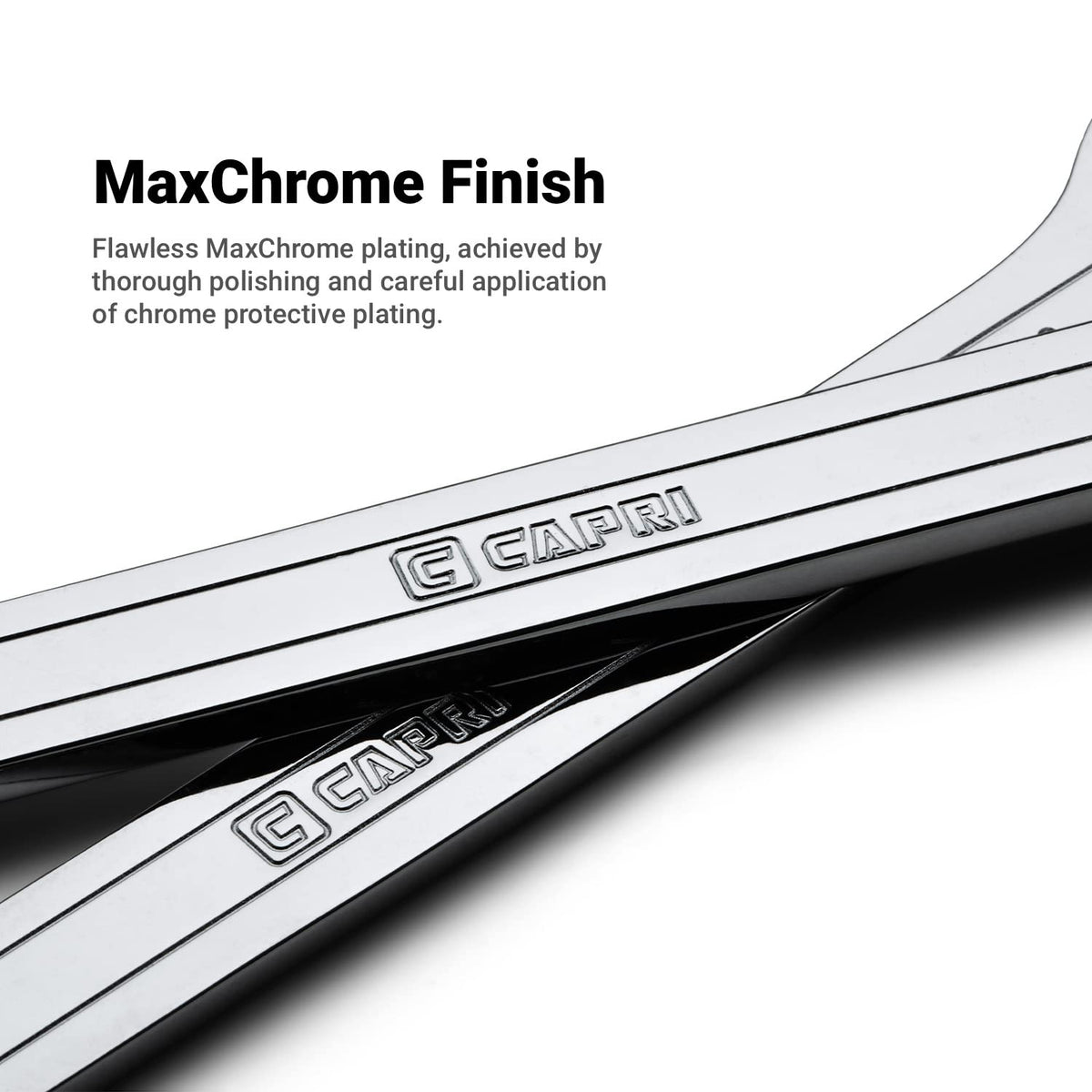 Capri Tools chrome-vanadium steel wrenches emphasizing premium heat-treated construction.