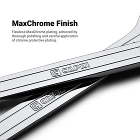 Capri Tools chrome-vanadium steel wrenches emphasizing premium heat-treated construction.