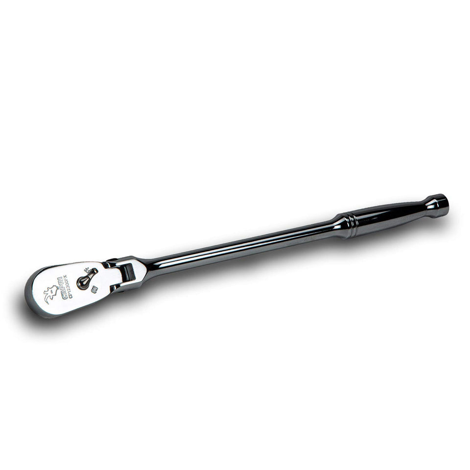Capri Tools low-profile flex-head ratchet angled view for tight spaces and versatile access.