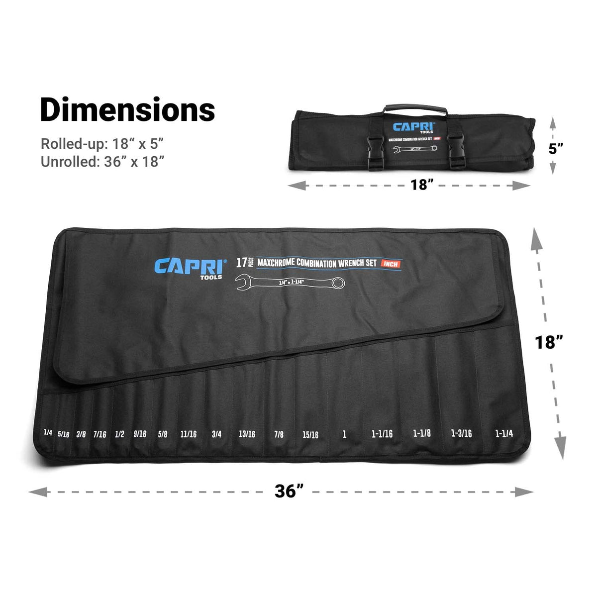 Capri Tools packed wrench roll-up demonstrates compact organization on the go