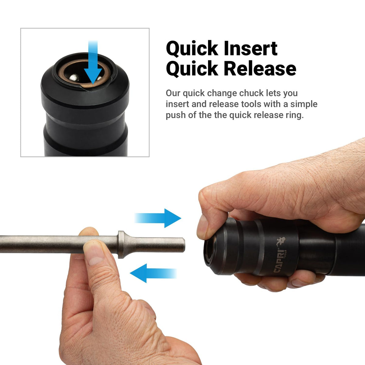 Capri Tools Quick Change Chuck features universal fitting for most air hammers.