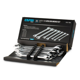 Capri Tools super-thin open-end wrench set closeup highlighting compact profile for tight spaces.
