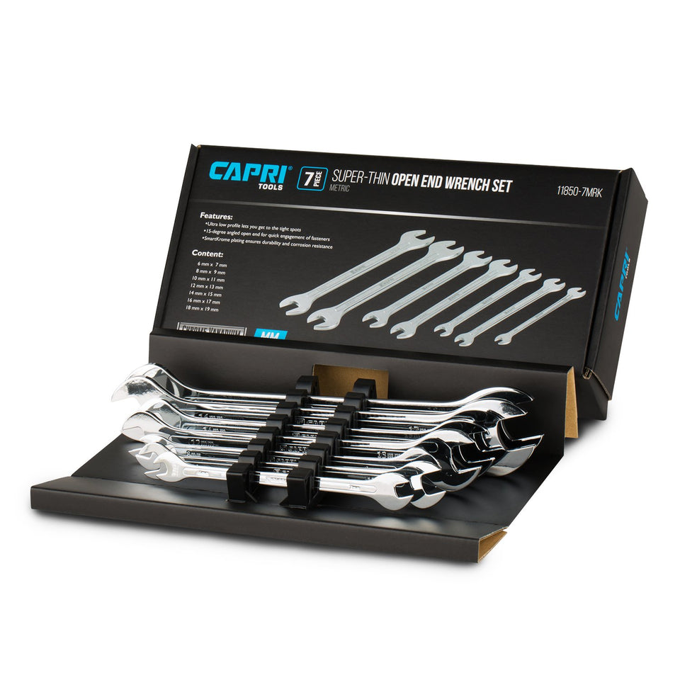 Capri Tools super-thin open-end wrench set closeup highlighting compact profile for tight spaces.